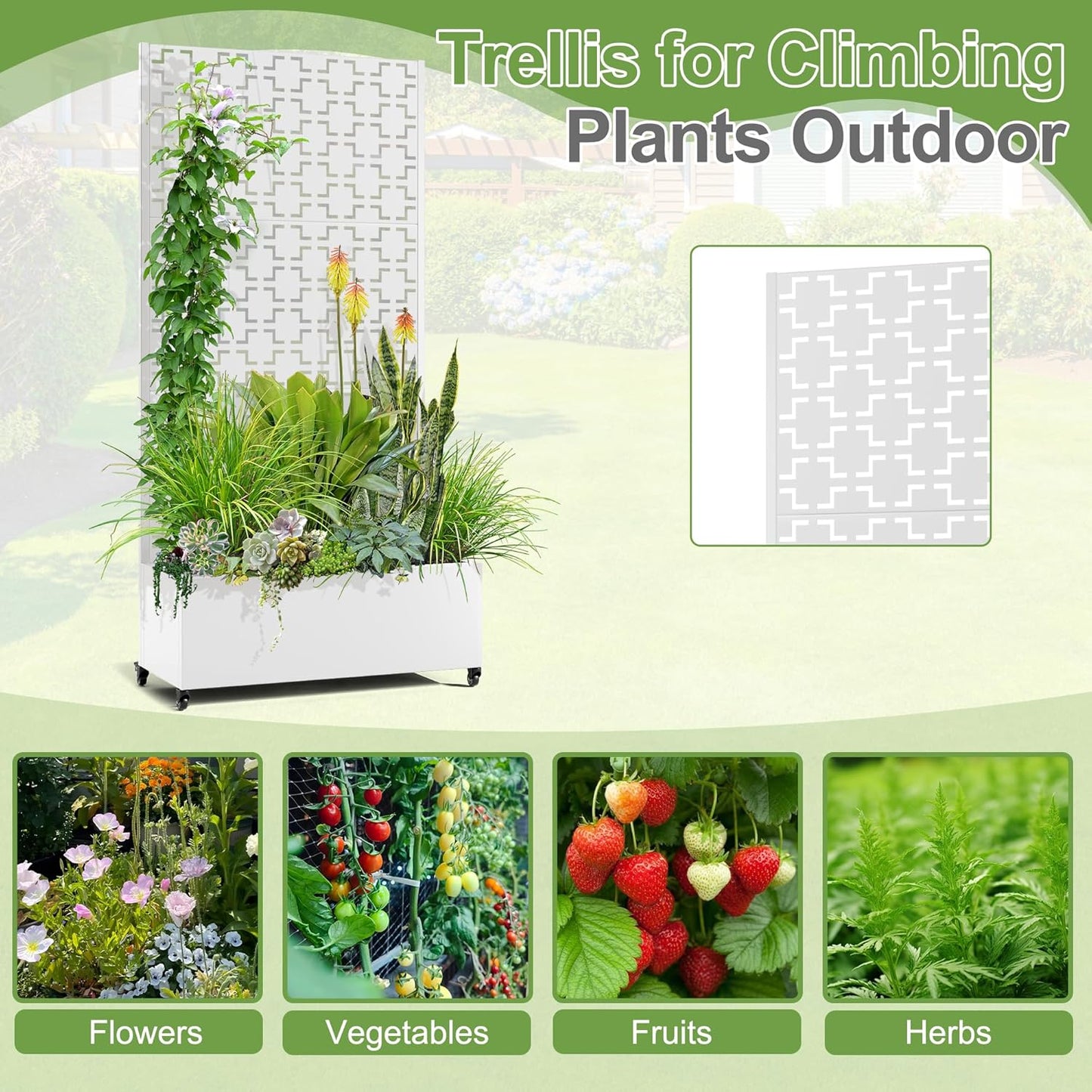 Raised Garden Bed with Trellis and Wheels,73"x35"x16" Metal Raised Garden Bed,White Squared Metal Planter with Climbing Trellis for Vines & Vegetables