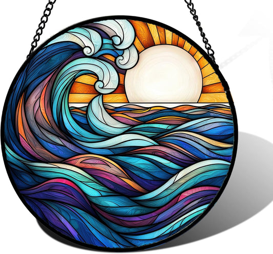 Stained Glass Window Hanging, Big Wave Sun Suncatcher Diamond Glass Panel Hangings Abstract Sun Catchers Decor for Birthday for Women, Men, Wife, Aunt, and Mom 11.8x11.8 in