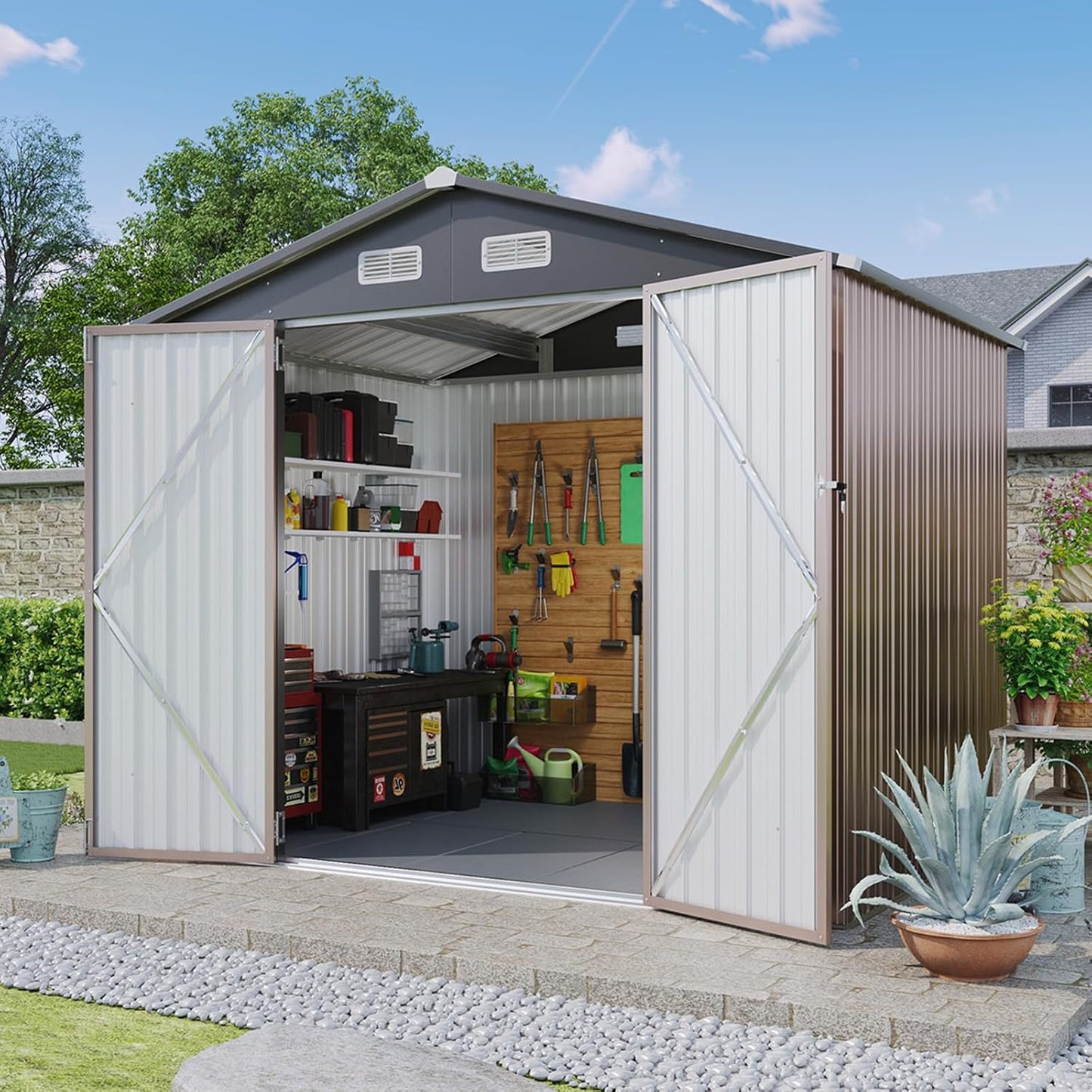 Aoxun 7x5 FT Outdoor Storage Shed with Floor Garden Metal Shed with Lockable Door Outdoor Large Shed for Tool, Garbage Can, Bike, Mower, Brown