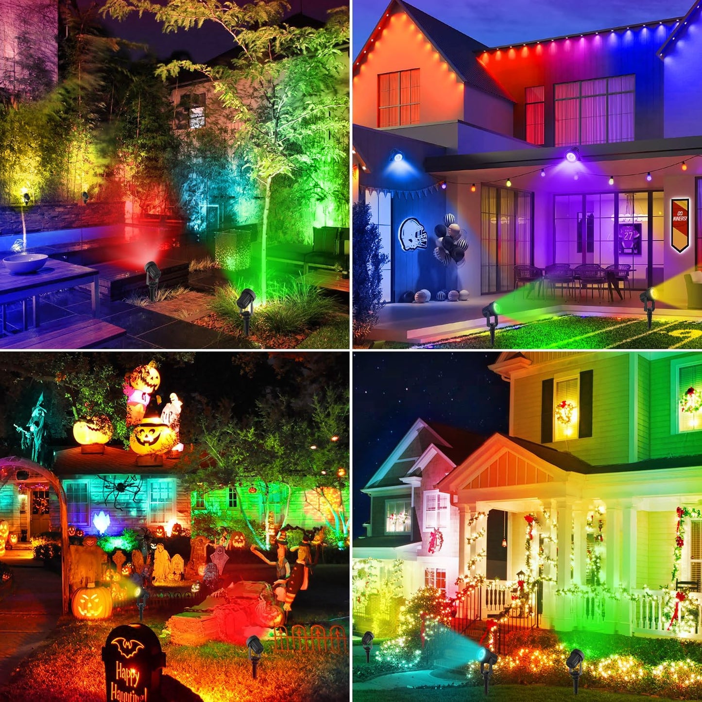 RGB Solar Spot Lights Outdoor 4Pack Color Changing Landscape Lighting IP65 Waterproof Auto Dusk to Dawn SpotLights Christmas Decorative Lighting for Garden Yard Pathway