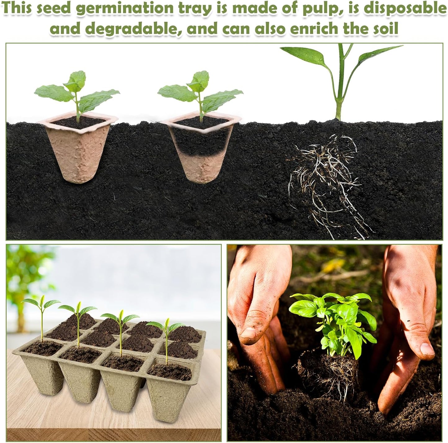 PINVNBY 432 Cells Seed Starter Tray 36 Packs Biodegradable Peat Pots for Seedlings Disposable Seedling Starter Trays with 36 Labels and 2 Transplant Tools