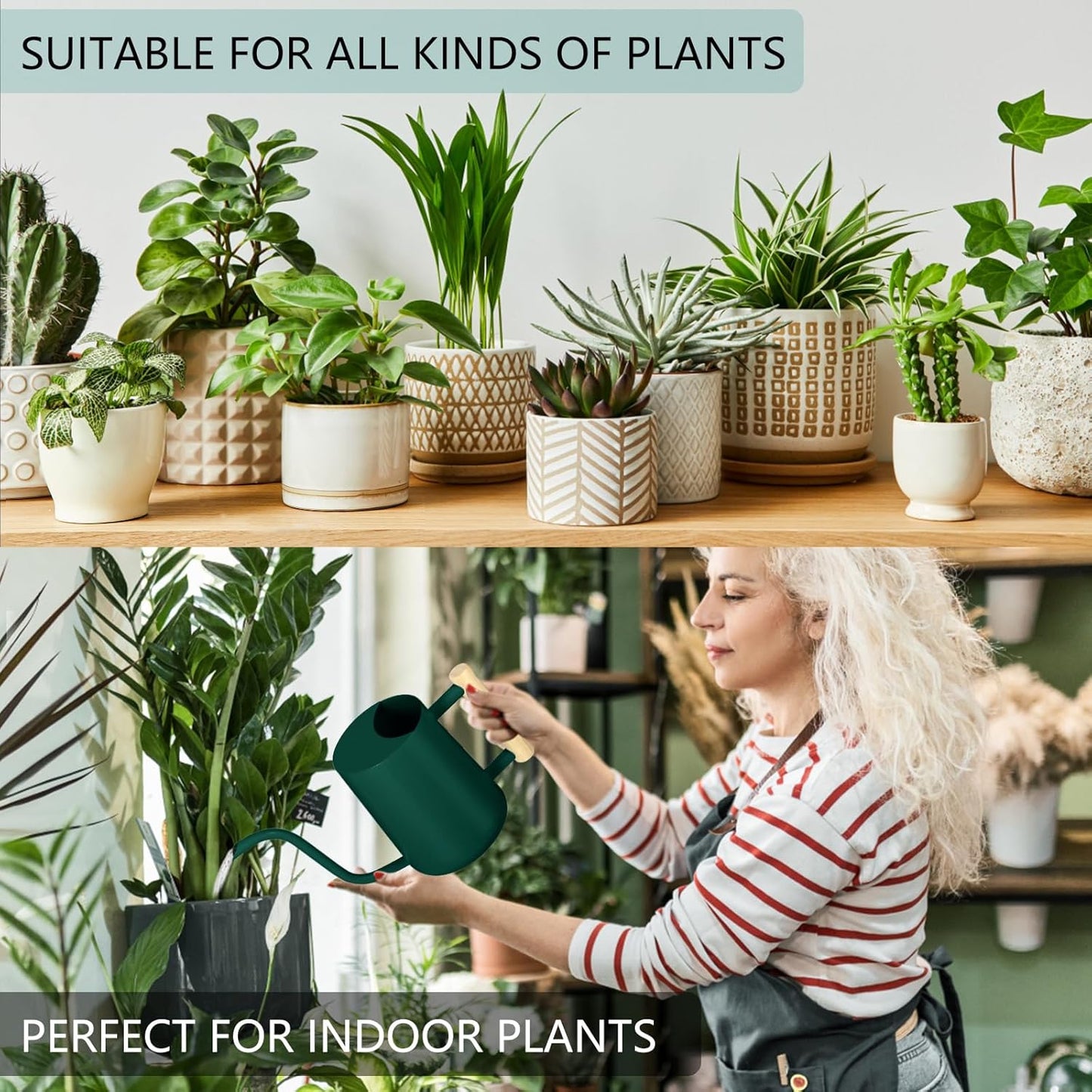 Watering Can Indoor Plants, 35oz Small Indoor Stainless Steel Metal Watering Can Modern Decorative Watering Pot with Long Spout for Indoor House Plant Bonsai Garden Flowers (Alpinegreen)