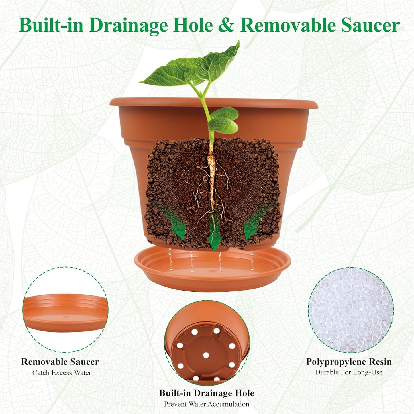 16 inch Plastic-Flower-Pot-for-Indoor-Plants, 4 Pack Large Outdoor Planter Pot with Drainage Holes & Saucers, Resin Decorative Garden Pots Planters