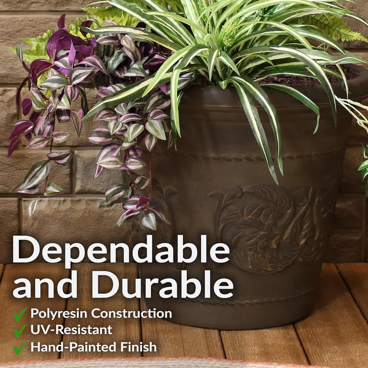 Sunnydaze 19.5-Inch Arabella Large Plant Pot - Polyresin Round Outdoor Planter with Drillable Drainage Holes - Sable