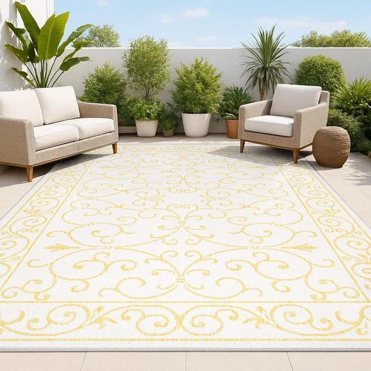 JONATHAN Y SMB106M-9 Charleston Vintage Filigree Textured Weave Indoor Outdoor Area Rug, Classic, Traditional, Transitional Easy Clean,Bedroom,Kitchen,Backyard,Patio, Non-Shed, Cream/Yellow, 9 X 12
