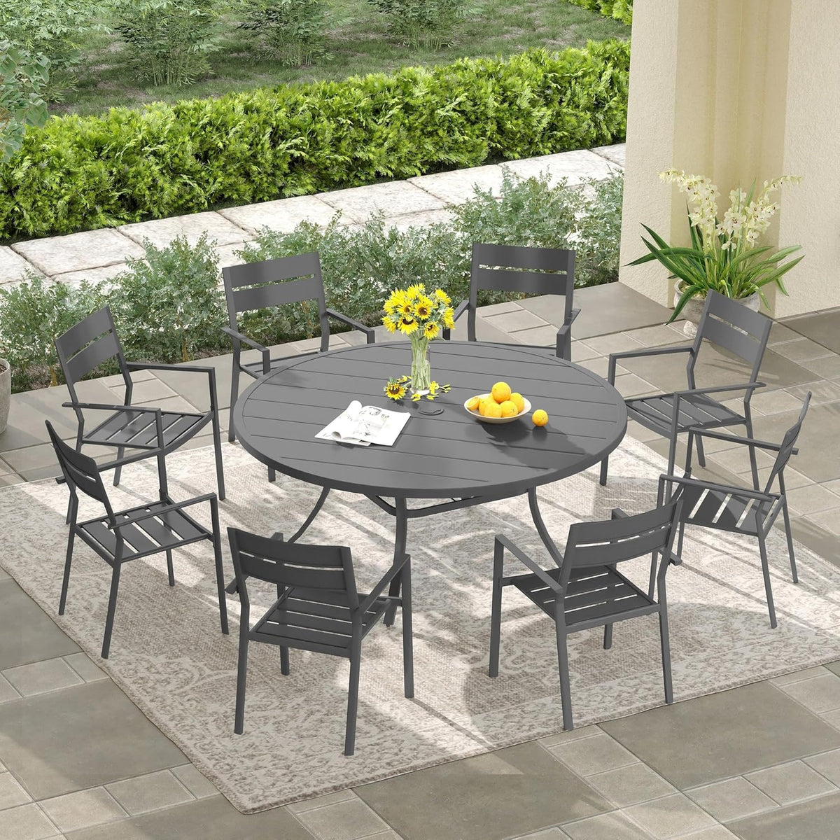 DIFY Patio Round Dining Table, 53" All Weather Round Outdoor Table with 1.57" Umbrella Hole for 8 Person, Perfect for Yard, Balcony and Lawn, Grey