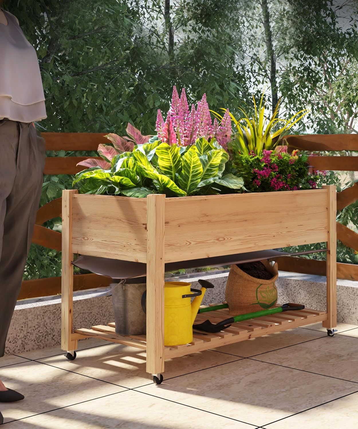 Outdoor Raised Garden Beds with Lockable Wheels Elevated Wooden Growing Bed for Flowers, Vegetables,Planter Box with Legs & Storage Shelf for Backyard, Patio, Balcony