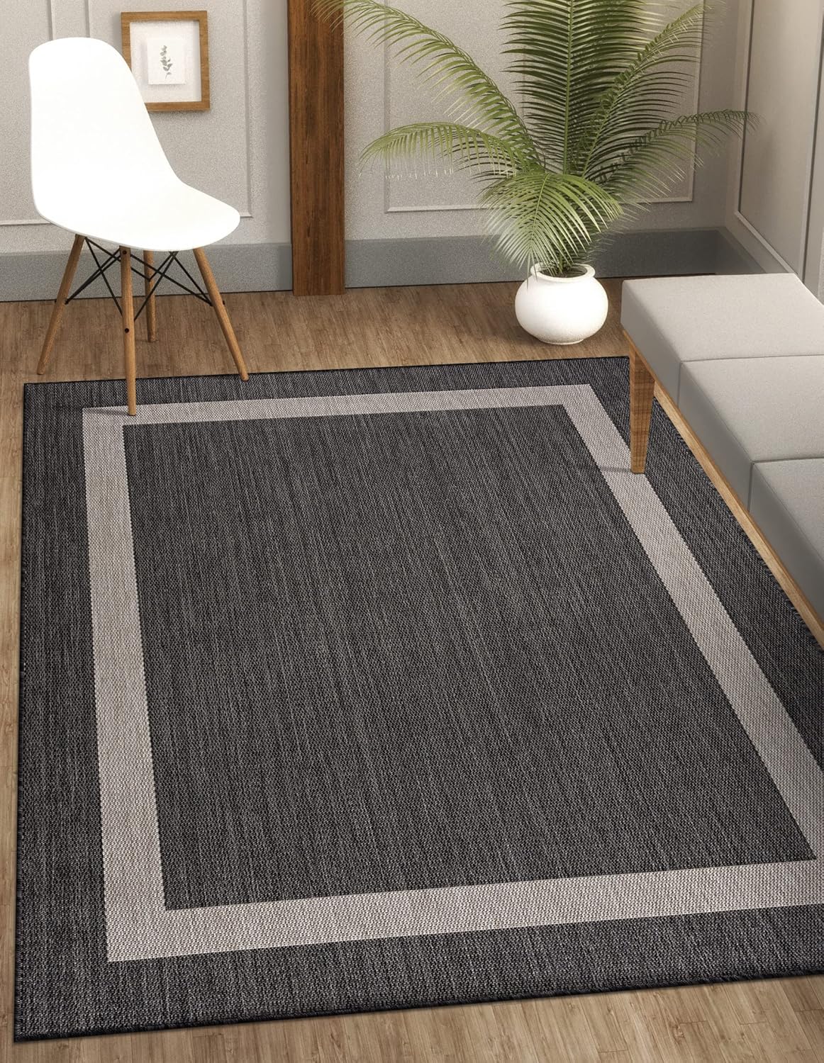 CAMILSON Outdoor Rug 9x12, Large Modern Outside Rugs for Patios Porches Waterproof Durable Washable Non-Shedding, Easy-to-Clean Indoor Outdoor Area Carpet (9 x 12, Bordered - Dark Gray/Light Gray)