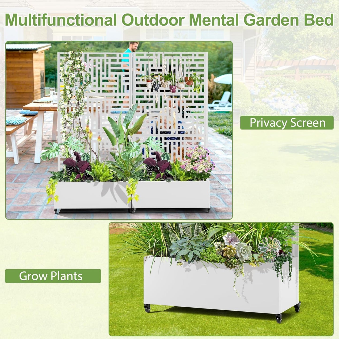 Raised Garden Bed with Trellis and Wheels,73"x35"x16" Metal Raised Garden Bed,White Modern Metal Planter with Climbing Trellis for Vines & Vegetables
