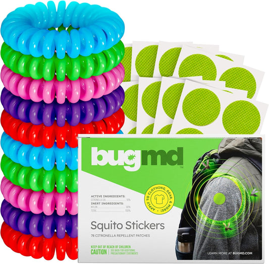 BugMD Mosquito Repellent Bundle: 78 Safe & Effective Squito Stickers and 10 DEET-Free Citronella Bracelets for Kids & Adults - Perfect for Camping, Beach, Hiking & Outdoor Adventures