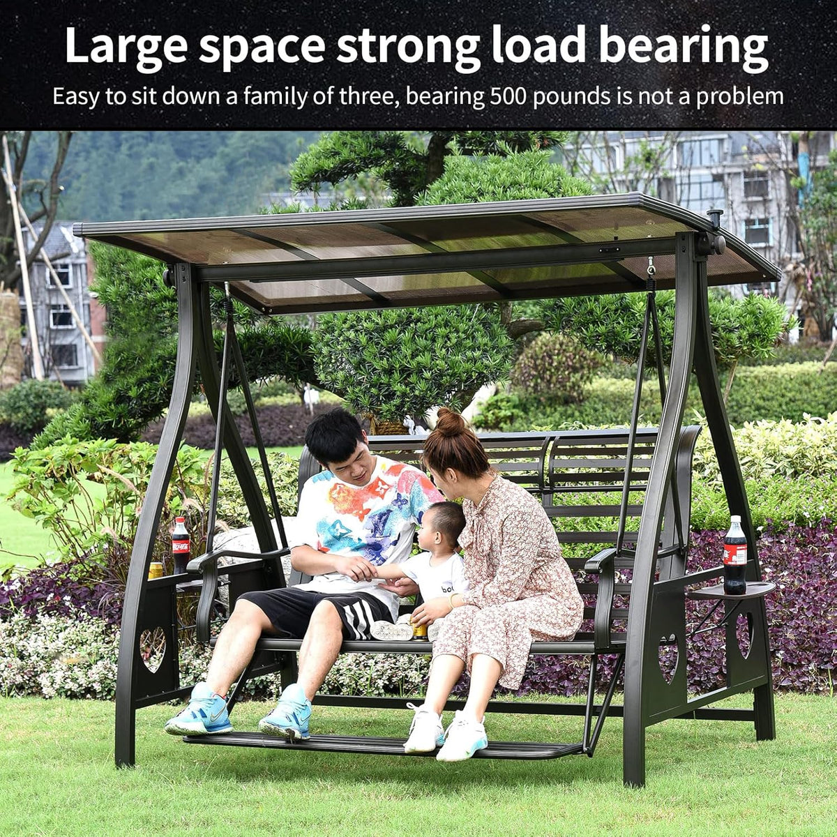 3-Seat Solar Outdoor Patio Swing Chair with Footrest Outdoor Porch Swing with Aluminum Frame Adjustable Tilt Canopy for Poolside Balcony Backyard (Plaid Pillow + Red Cushion)