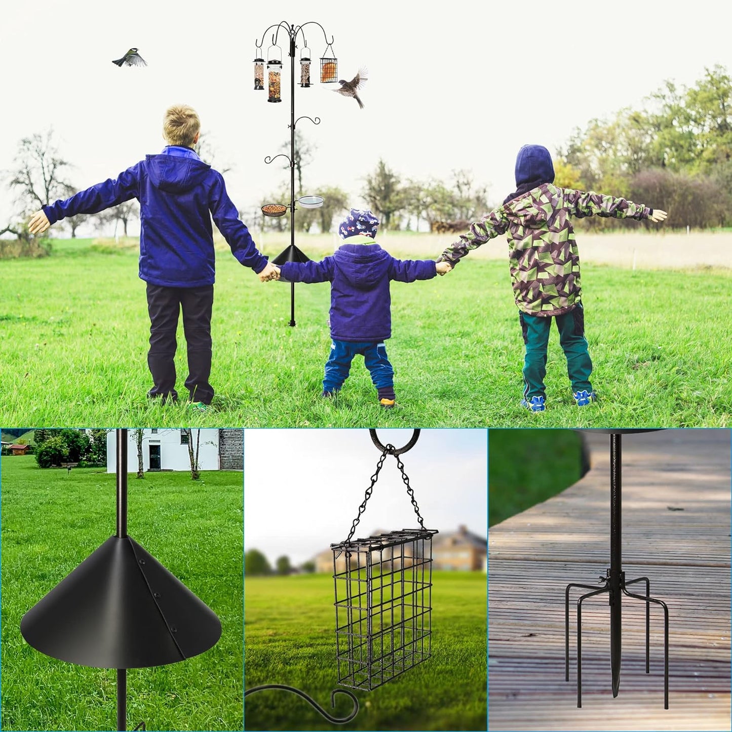 6-Hook Bird Feeding Station, Steel Multi-Feeder Kit Stand for Attracting Wild Birds w/ 4 Bird Feeders, Bird Bath, Mesh Tray and Squirrel Guard Baffle，94 Inch