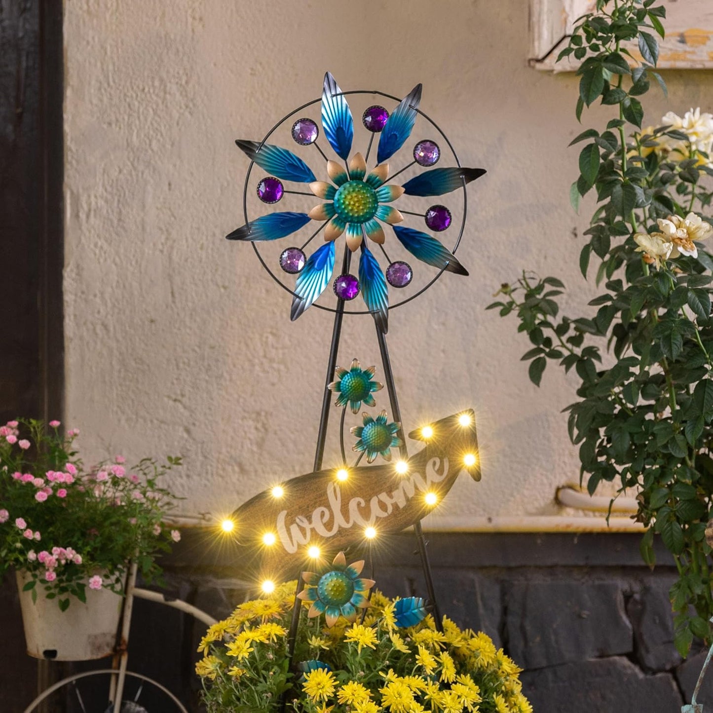 TERESA'S COLLECTIONS Peacock Garden Decor Solar Stake, Wind Spinner for Outdoor Decorations, Metal Windmill Blue Floral Yard Art Sign Decorative Garden Stake for Lawn Ornaments, Gifts for Mom, 26''