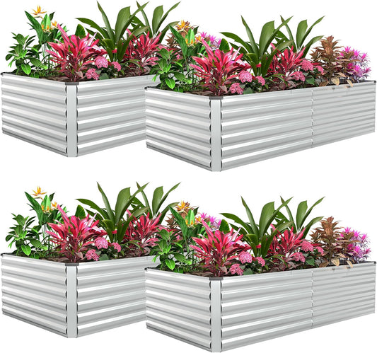 FOOWIN 4pcs 8x4x2ft Galvanized Raised Garden Bed, Planter Raised Garden Boxes Outdoor, Large Metal Raised Beds for Gardening, Garden Bed for Vegetables, Flowers, Herb,478 Gallon Capacity, Silver