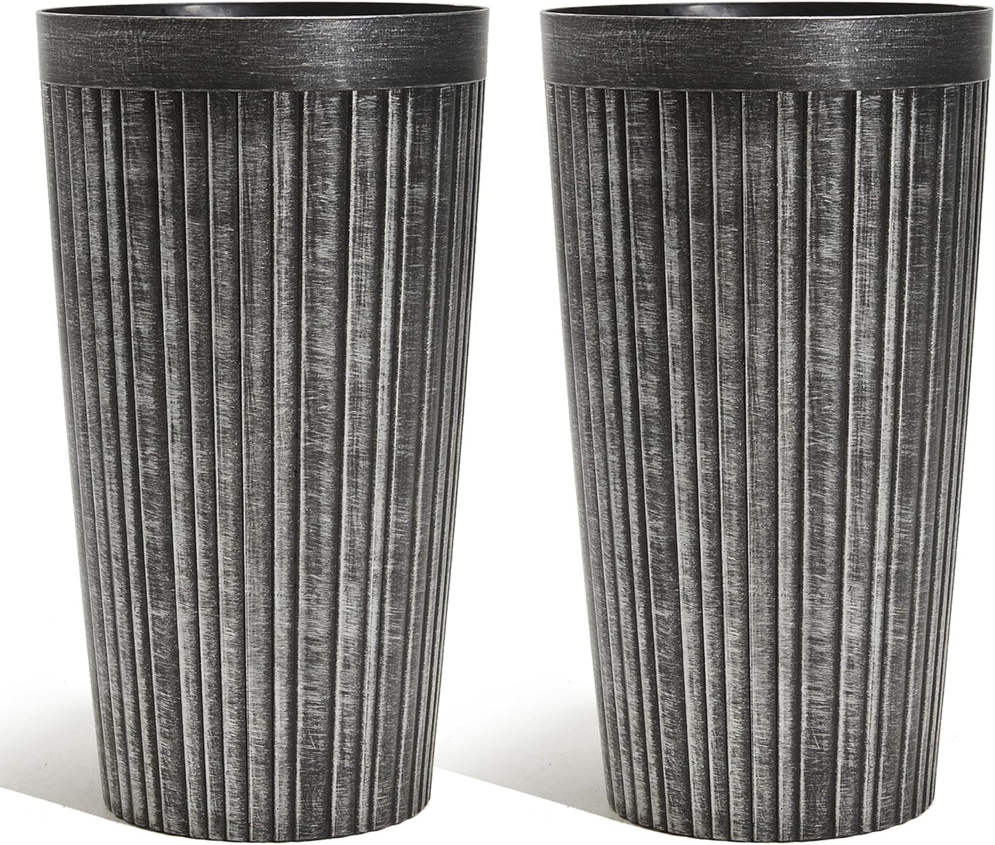 Worth Garden 22.5" H. Plastic Planters - Set of 2 Vintage Black Tall Conical Plant Pots for Indoor Outdoor Use - Decorative Lightweight Flower Pots for Front Porch, Patio, Deck - 12.5" Dia x 22.5" H