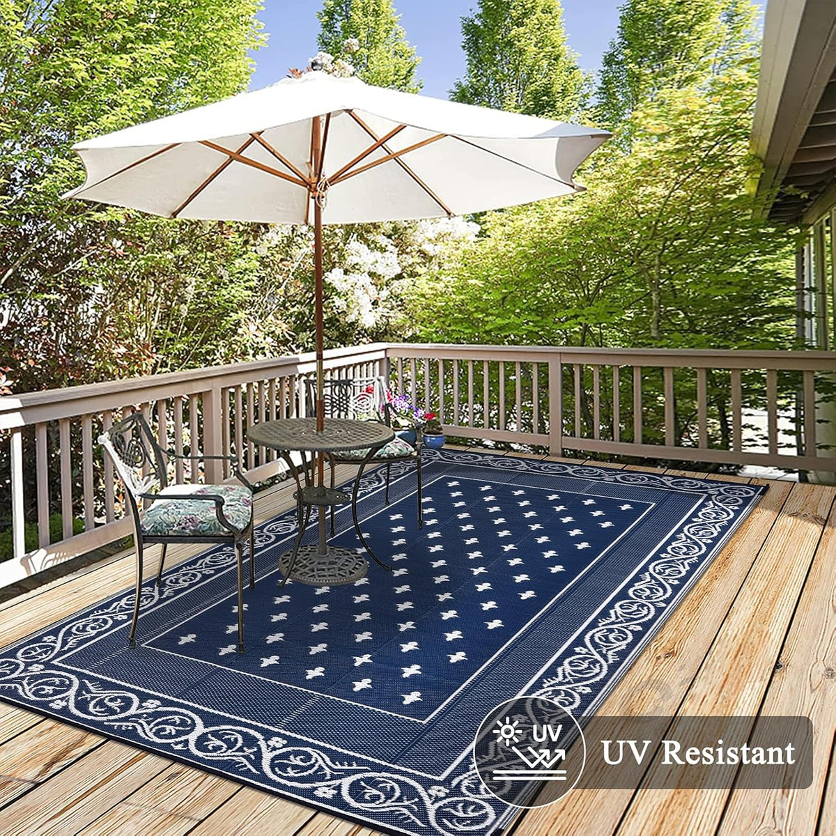 Pauwer Waterproof Outdoor Rug 6x9, Reversible Plastic Straw Patio Camping Rug, Indoor Outdoor RV Mat Carpet for Deck, Camper, Porch, Balcony, Backyard, Picnic, Bordered Navy