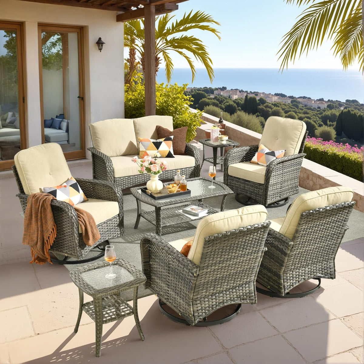 HOOOWOOO Patio Furniture Set,8 Pieces Outdoor Conversation Set,All Weather Wicker Loveseat Sofa Set with High Back Swivel Rocking Chairs Tables,Beige