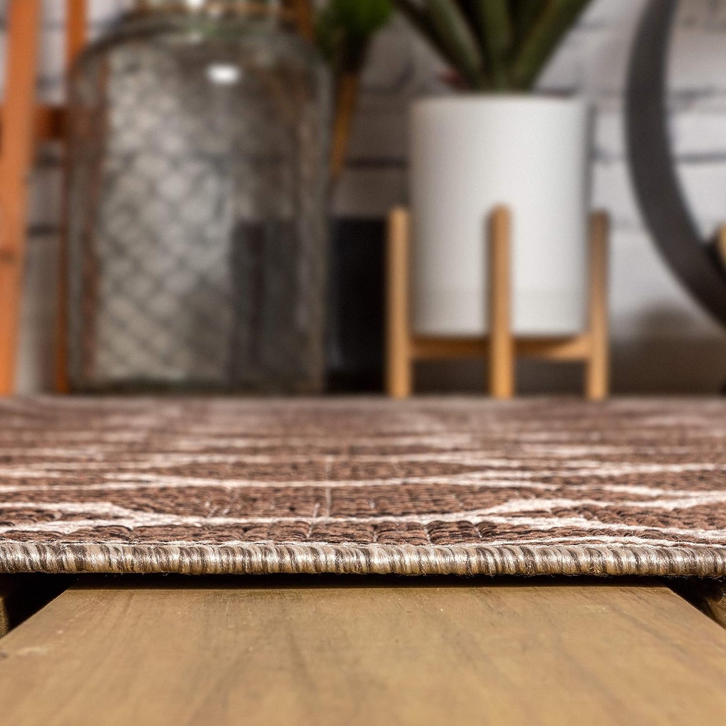 Eyely BMS109B-6SQ Santa Monica Trebol Moroccan Trellis Textured Weave, Pet Friendly, Non-Shedding, Stain Resistant, Easy-Cleaning, Espresso/Taupe, 6' Square, Indoor/Outdoor, Area Rug