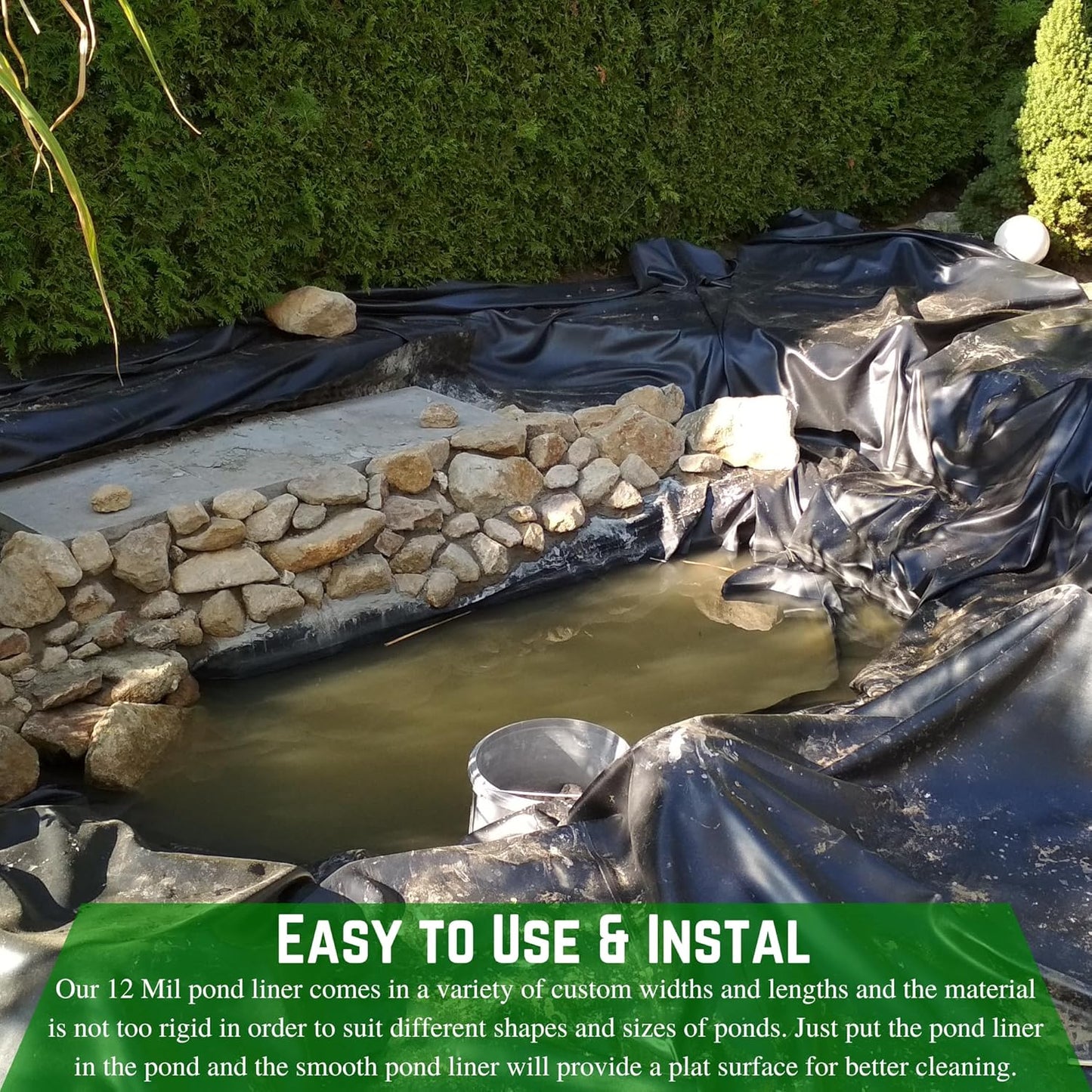 Farm Plastic Supply - 12 Mil String Reinforced Black/White Pond Liner - 12 Mil Fish Pond HDPE Liner, Pond Liners for Outdoor Ponds, Koi Ponds, Garden Fountain, Containment Liner (6' x 8')
