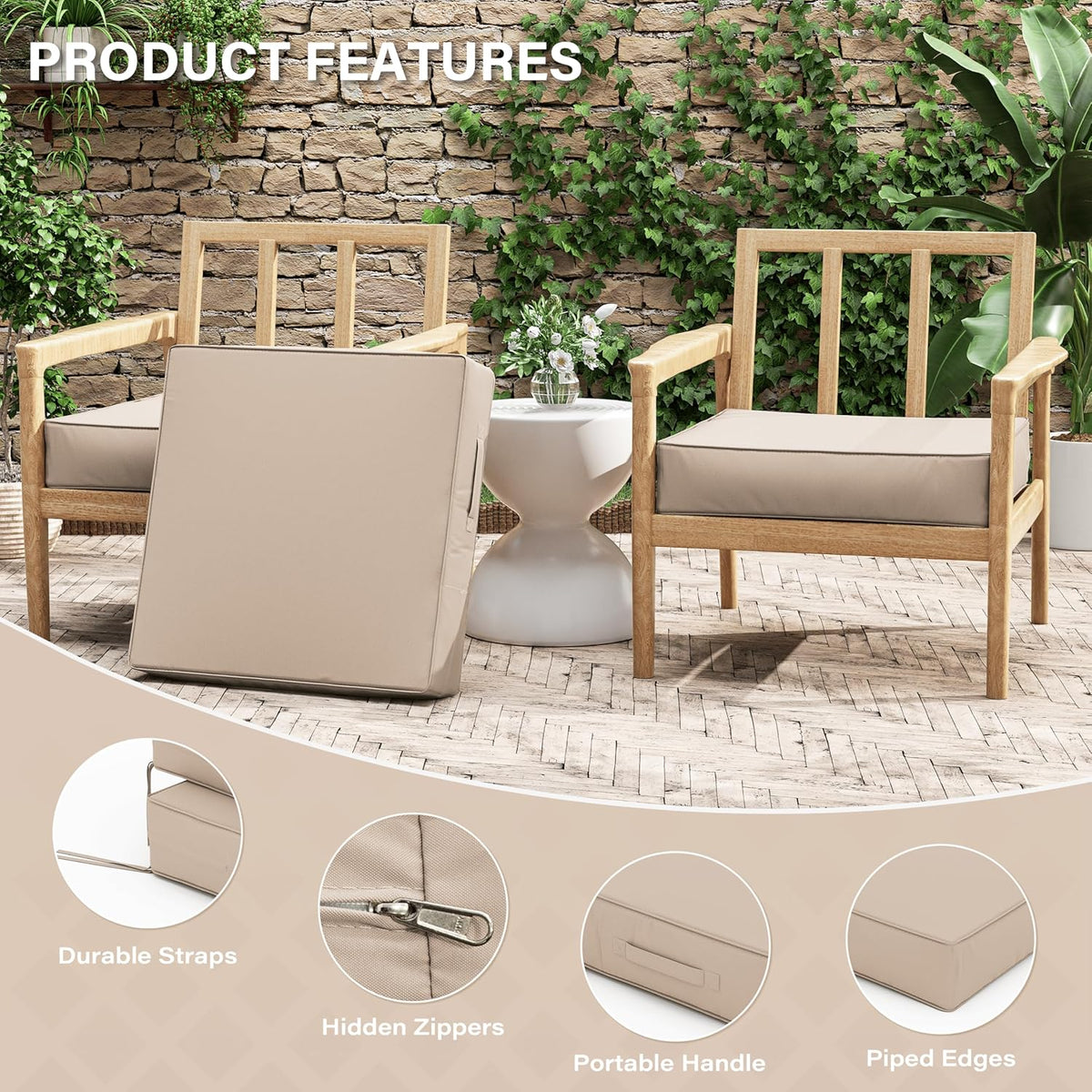 Patio Chair Cushions 24 X 24 X 5 Inch Waterproof Outdoor Seat Cushions for Patio Furniture, Outdoor Sofa Couch Pads with Ties & Handle, Set of 2, Sand