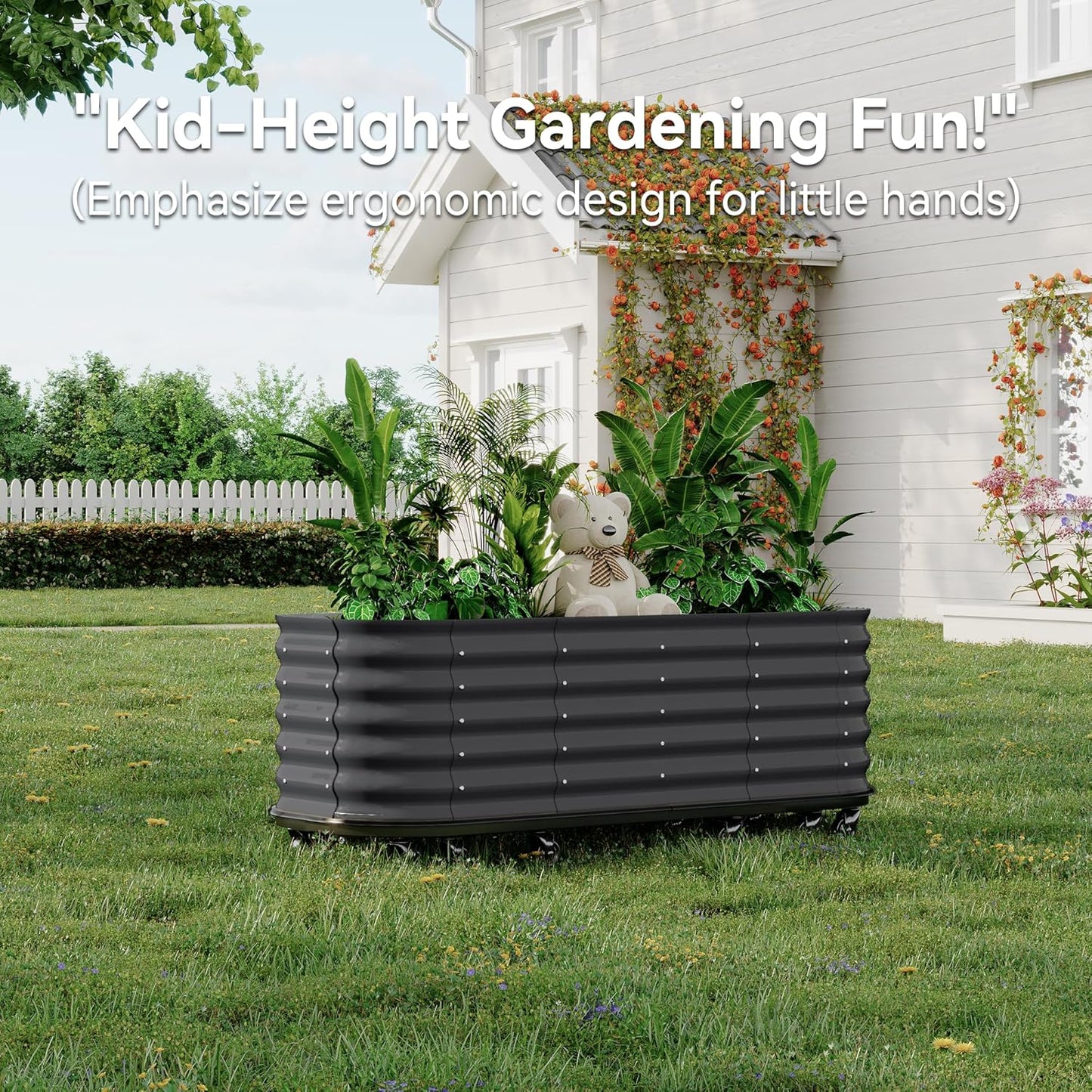 95x24x20in Galvanized Raised Garden Bed with Wheels & Water Reservoir – Durable Outdoor Planter Box, Elevated Raised Beds for Gardening, Portable Garden Box for Indoor/Outdoor Plants, Gray