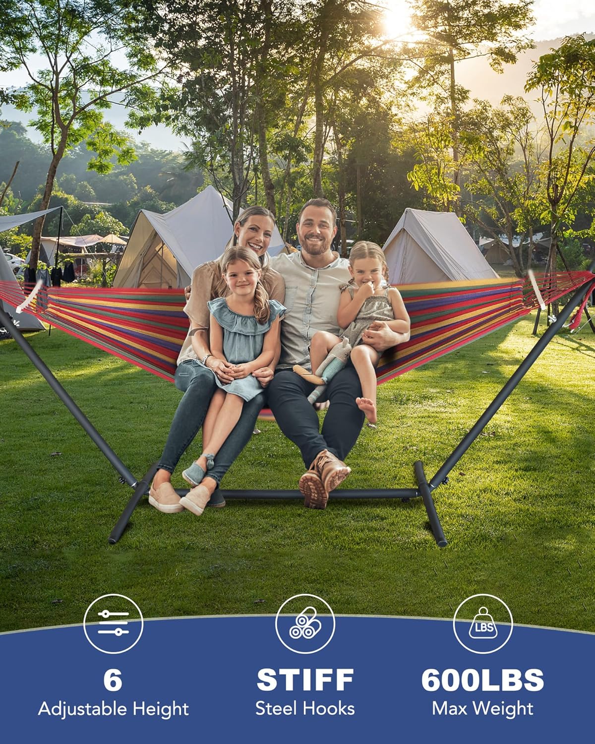 Double Hammock with Heavy-Duty Steel Stand,Portable,Easy Assembly,600lbs Weight Capacity,Suit for Indoor,Yard,Camping,or Outdoor-Wide Red