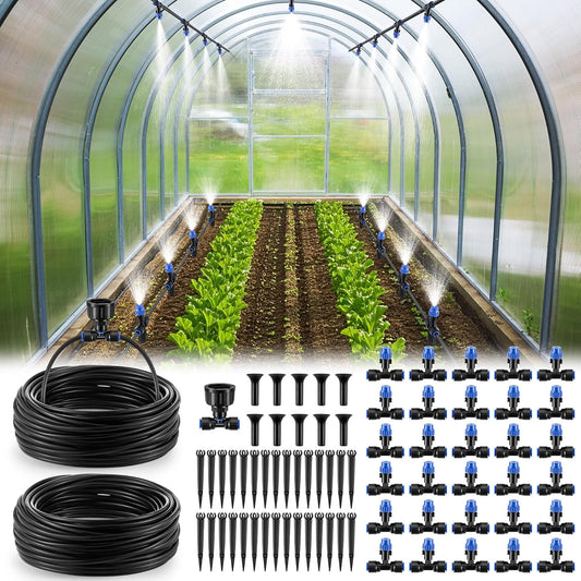 Meonum 65FT Garden Watering System, Quick Connector Drip Irrigation Kit, Hanging Plant Misting System Kit for Greenhouse, Yard, Lawn, Raised Bed with 1/4 inch Blank Tubing and Accessories (2 Pack)