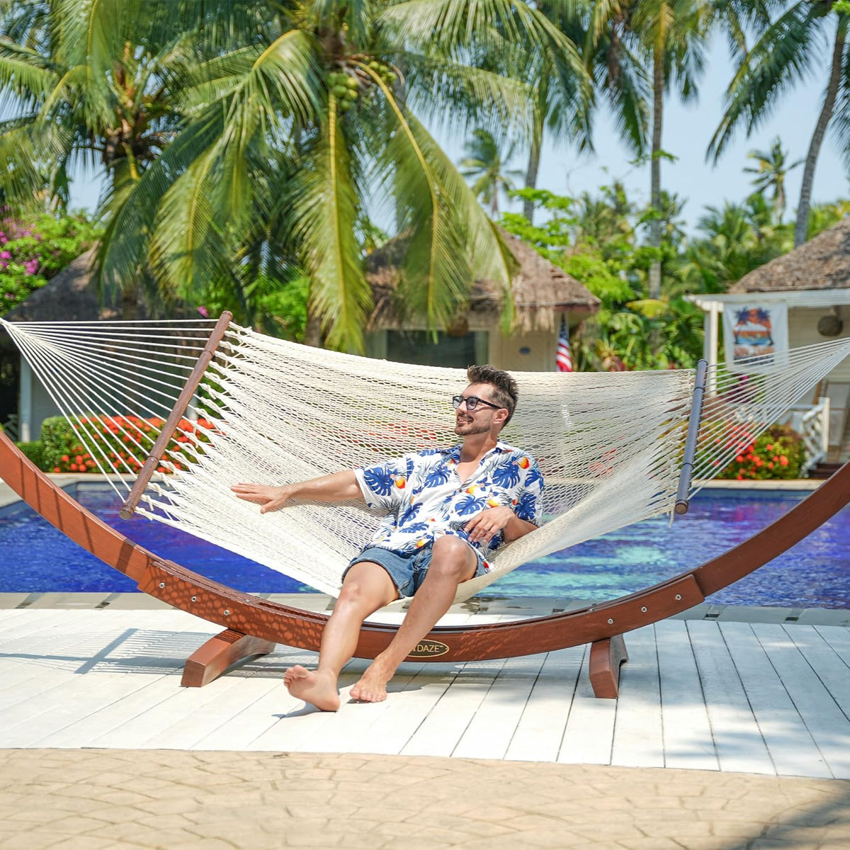 Lazy Daze Hammocks 10.5 FT Double 2 Person Caribbean Rope Hammock, Hand Woven Polyester Hammock with Spreader Bars, for Outside Outdoor Backyard Patio Poolside,450 LBS Capacity, Cream