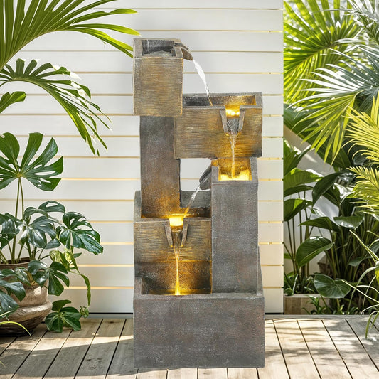 32.5" Modern Outdoor Water Fountain with LED Lights, 5-Tier Stacked Blocks Garden Fountain Cascading Waterfall Feature for Relaxing Garden, Patio, Backyard, Deck, Porch or Home Décor