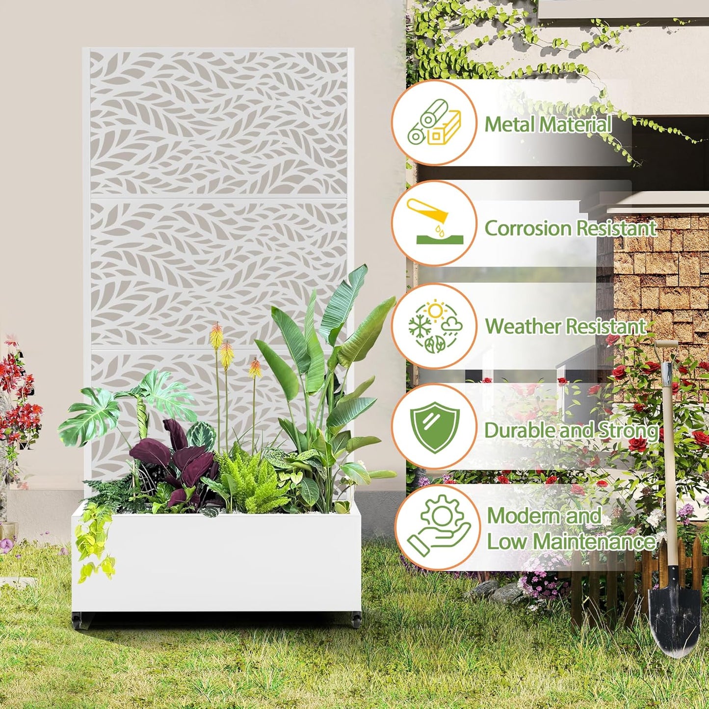 Raised Garden Bed with Trellis and Wheels,73"x35"x16" Metal Raised Garden Bed,White Flowing Leaf Metal Planter with Climbing Trellis for Vines & Vegetables