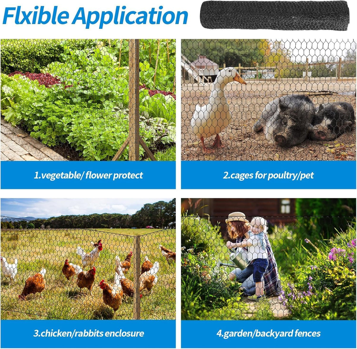 12'' x 50' Black Chicken Wire Fencing, 1 inch Chicken Wire and 20 Gauge Poultry Netting, Garden Mesh Fence Roll for Floral Arrangements/Crafts/Farm/Livestock/Pet Protection