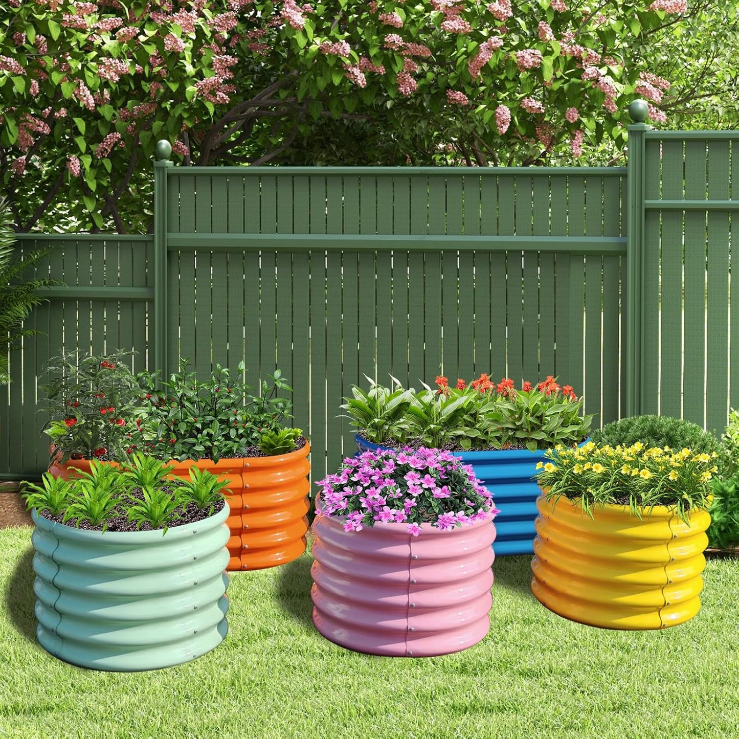 A ANLEOLIFE 5-Pack 18in Tall Kids Raised Garden Beds Outdoor, 40x24in Oval & 24x24in Round Galvanized Metal Planter Box for Planting Vegetables, Flowers, Fruits, Eco-Safe & Easy Setup
