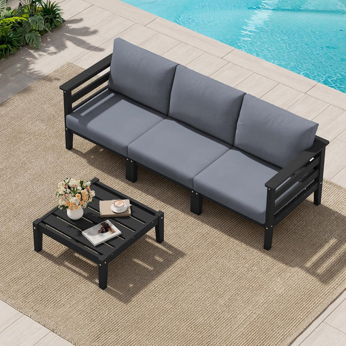 SERWALL HDPE Patio Furniture Set 4 Pieces, All-Weather Wood-Like Outdoor Sofa Couch with Coffee Table for Deck, Lawn, Black Frame with Grey Cushion