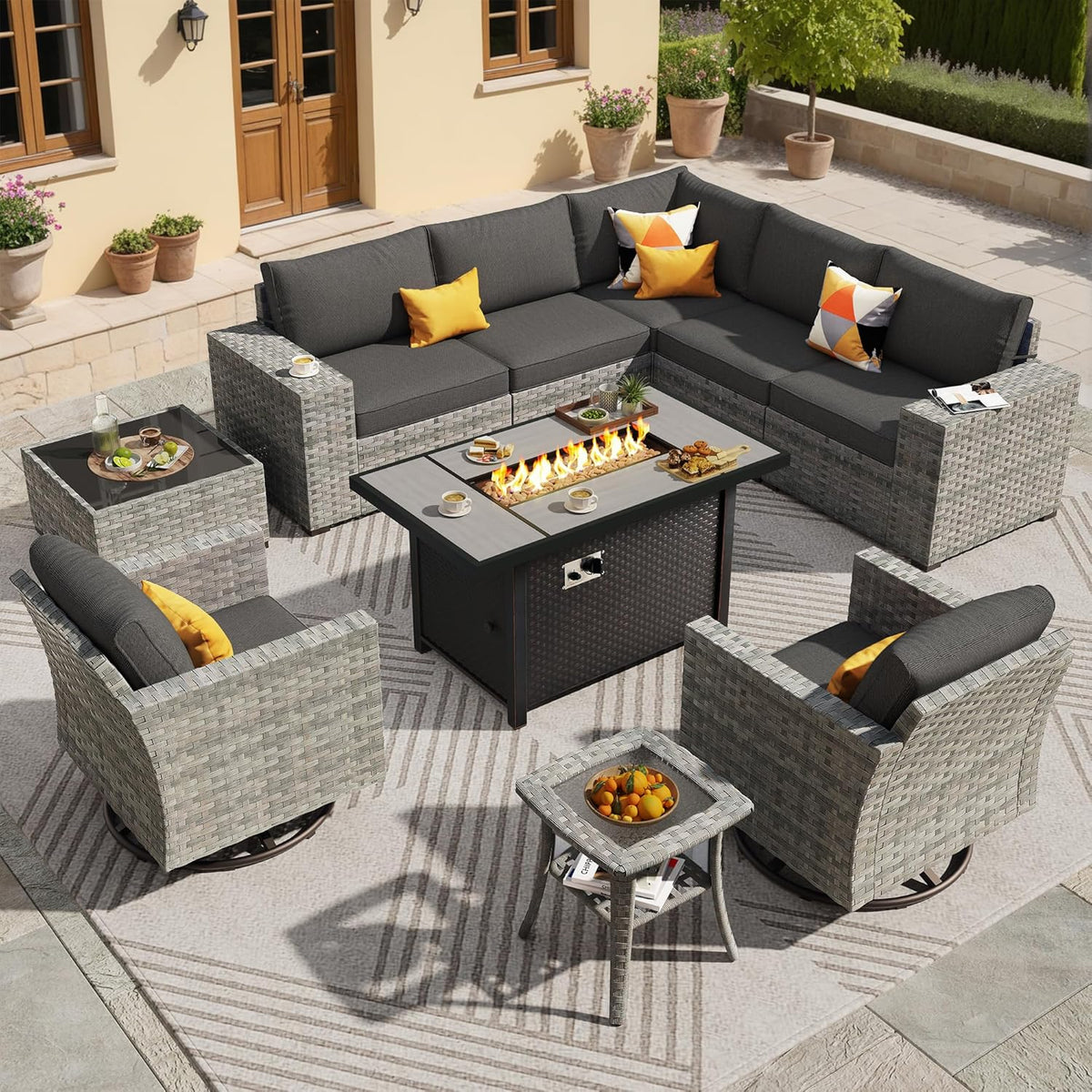 ovios 10 Pieces Patio Furniture Set, Outdoor Wicker Sectional Sofa with 42" Fire Pit Table Swivel Chairs, Modern Modular Deep Seat Rattan Couch Conversation Sets, Black