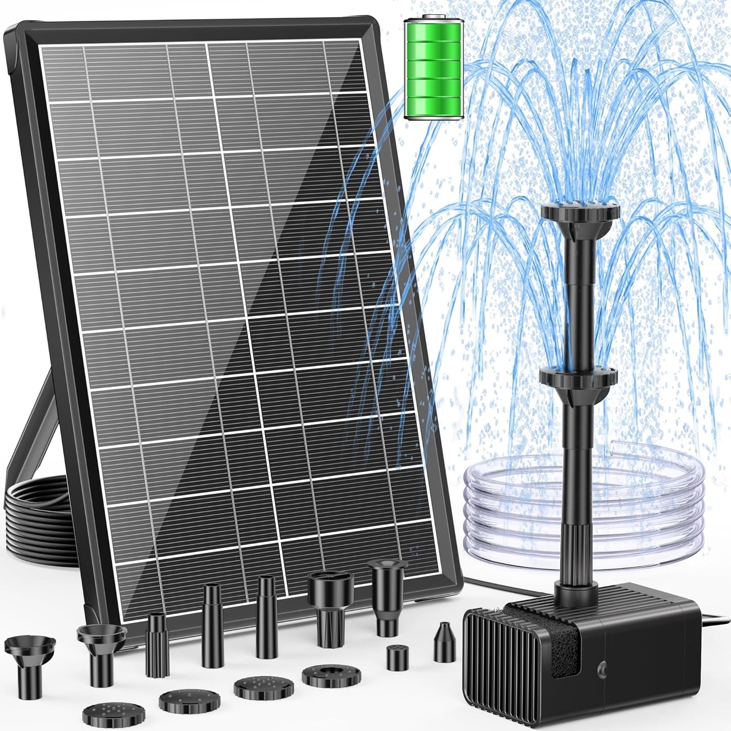 POPOSOAP 8W Solar Fountain Pump with Built-in 3600mAh Battery, Solar Powered Bird Bath Fountain with Dry-run Protection & Double-layer Nozzles 5Ft Tubing for Pond, Bird Bath, Backyard Water Feature