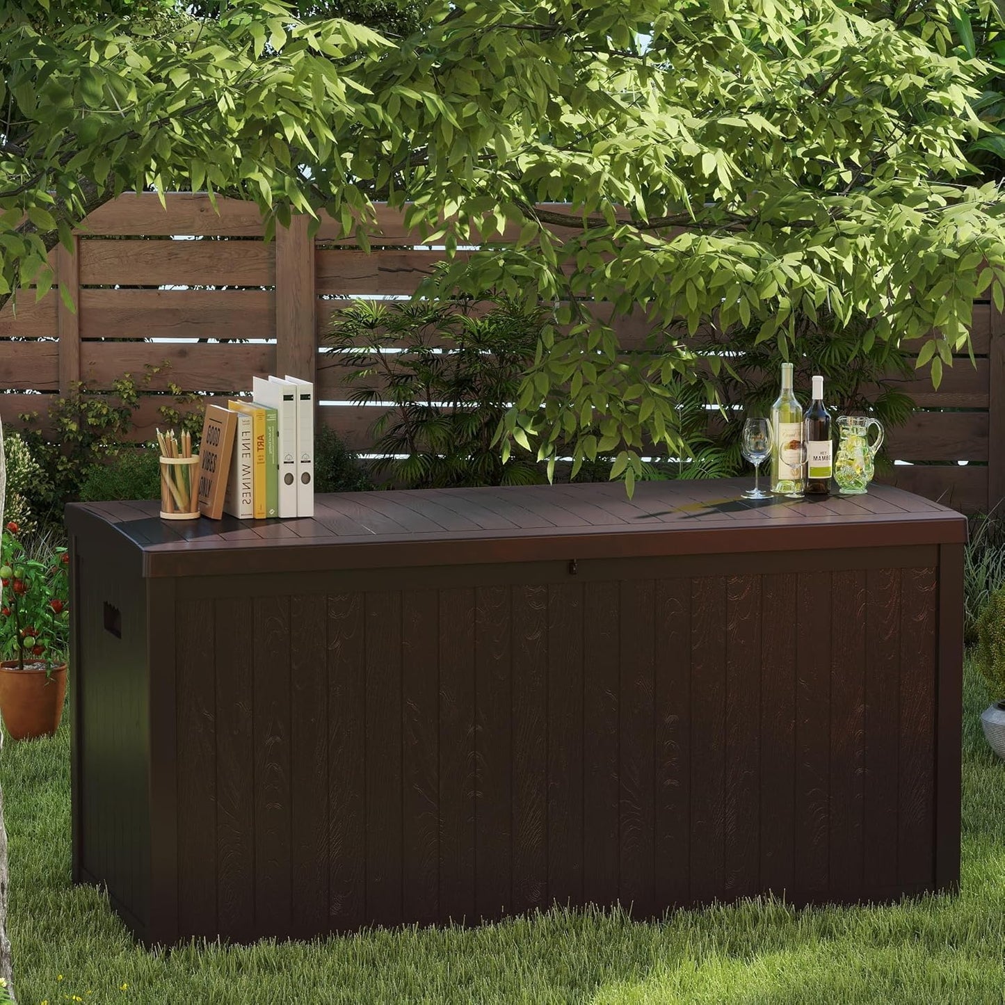 Outdoor Storage Box, 120 Gallon Deck Box Indoor and Outdoor Use, Waterproof Resin Storage Bin for Patio Cushions, Gardening Tools, Lockable, UV Resistant, Brown