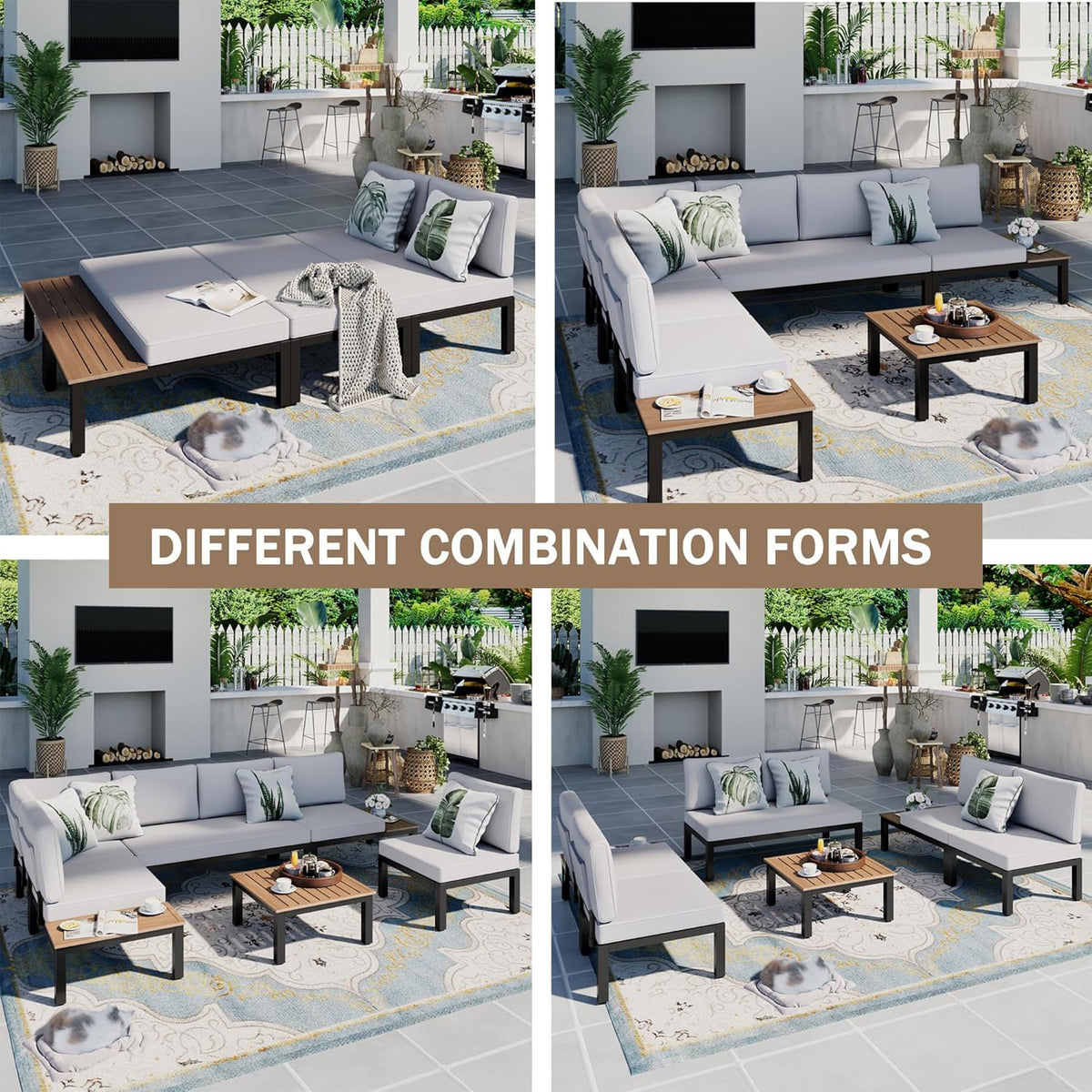Sophia & William 6 Pieces Outdoor Patio Furniture Set, Metal Sectional Sofa Set Patio Conversation Set-2 x Single Sofa with Side Table,1 x Loveseat,2 x Single Couch,1 x Tea Table(Beige Grey)
