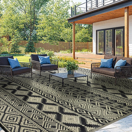 9'x12' Reversible Outdoor Rug - Eco-Friendly Plastic Straw Rug-Heavy-Duty Waterproof Mat, UV & Fade Resistant for Patio, Camping, RV, Deck, Balcony(9x12,Black&Beige)