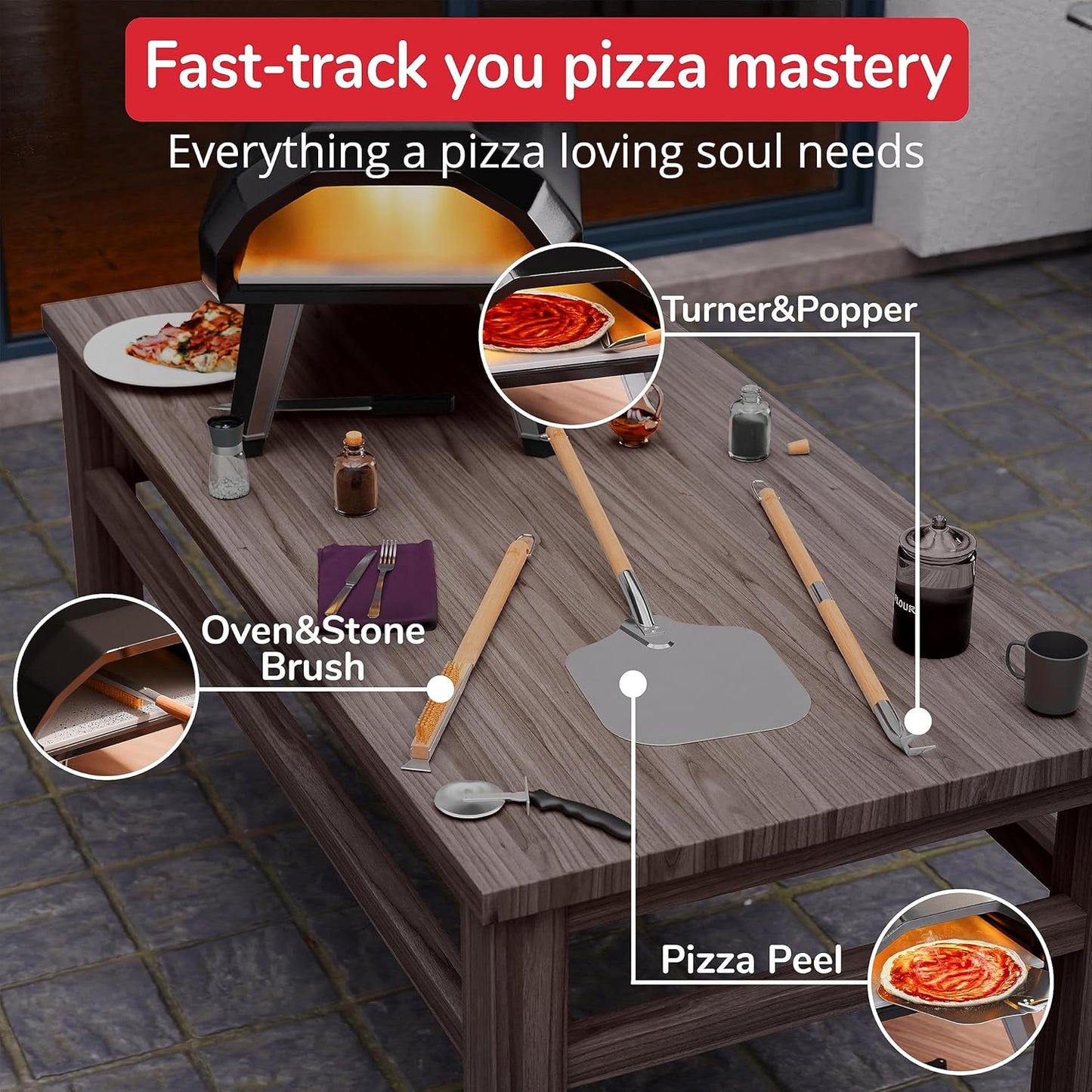 Premium Pizza Oven Accessories Kit - 6-Piece Set for Home Pizza Making: Includes Pizza Peel, Oven Brush, Bubble Popper Turner, Rocker Cutter, Dough Roller & Scraper
