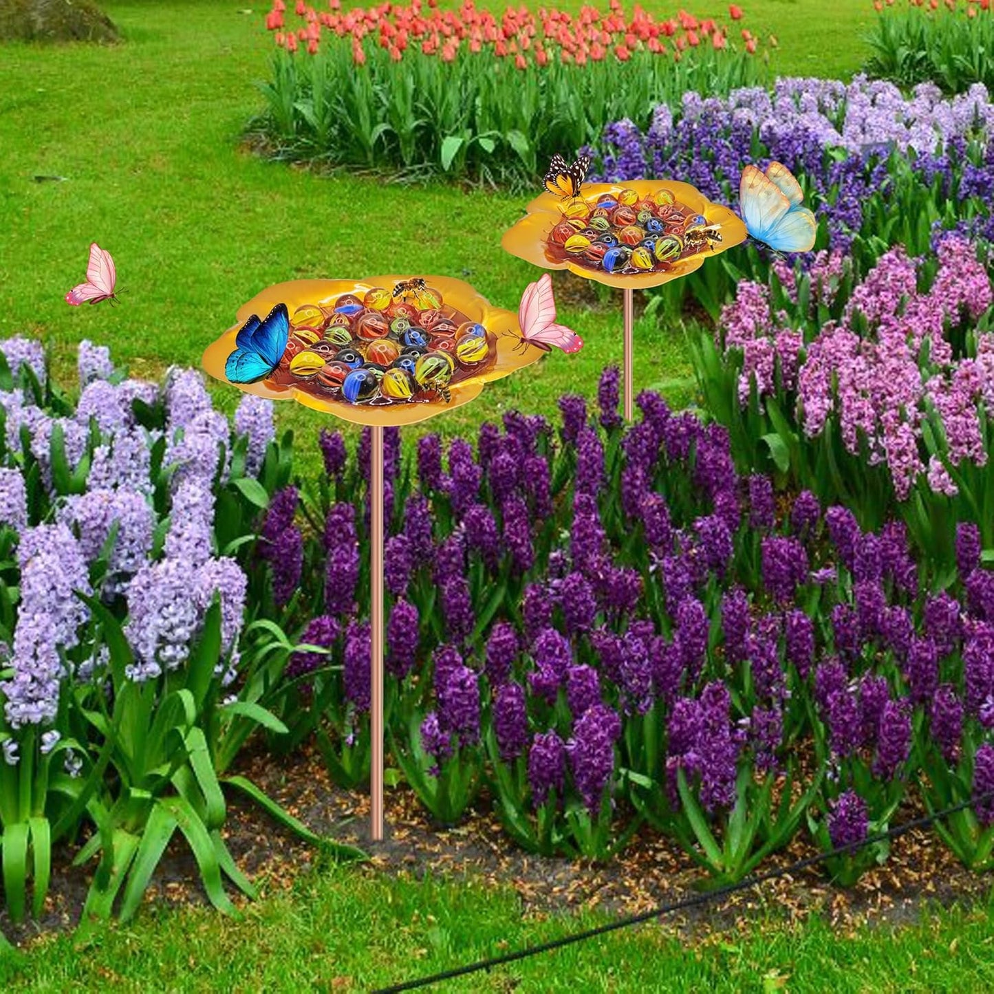 Bee Watering Station-Golden Butterfly Puddler Bee Bath & Feeder with Metal Stakes - 30 Glass Marbles, Vivid Flower Design, Garden Yard Decor (Golden-2PACK)
