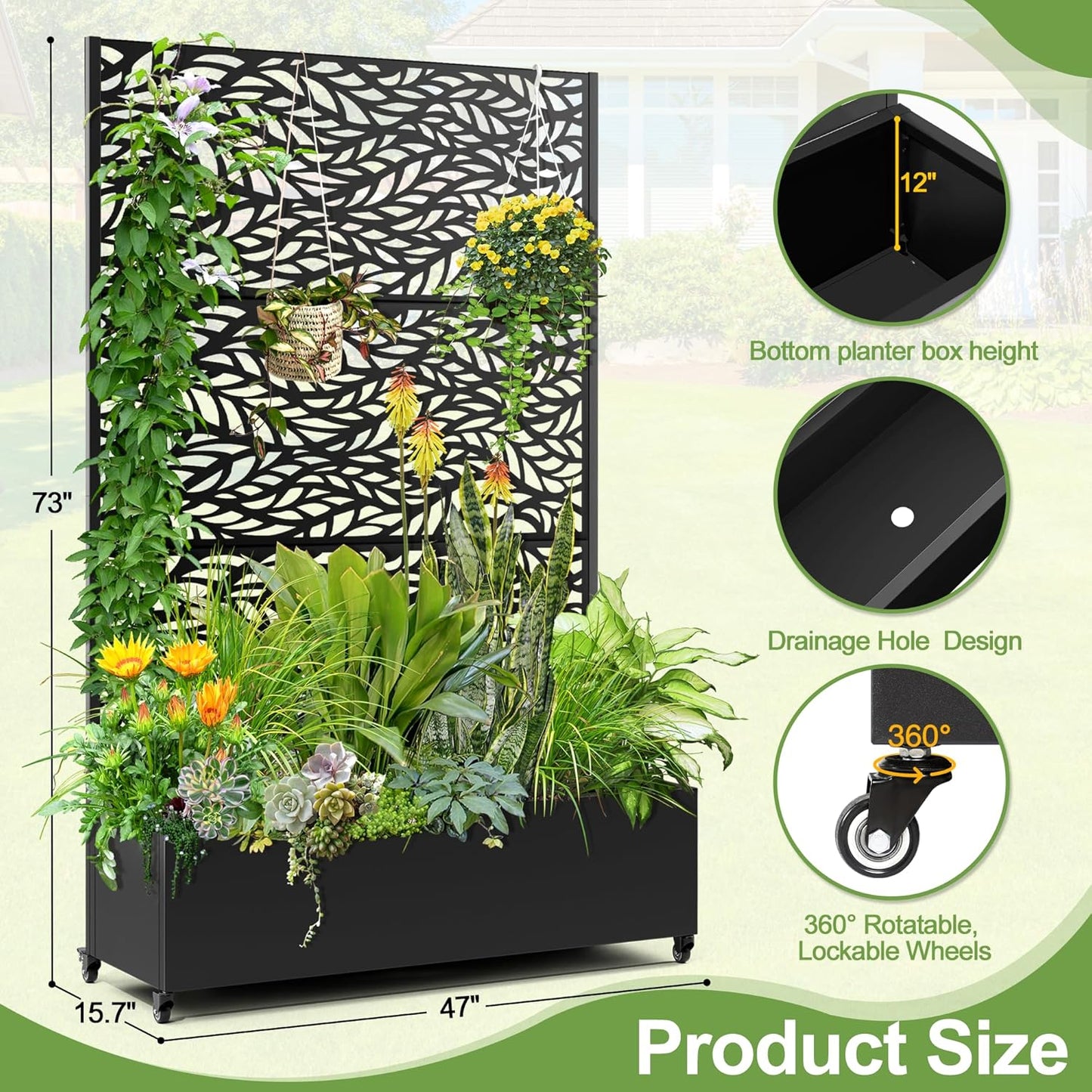 Raised Garden Bed with Trellis and Wheels,73"x47"x16" Metal Raised Garden Bed,Black Flowing Leaf Metal Planter with Climbing Trellis for Vines & Vegetables