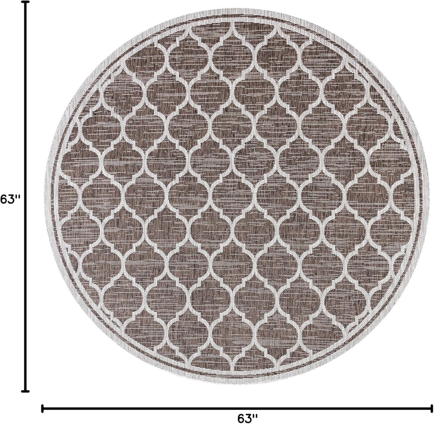 Eyely BMS109B-5R Santa Monica Trebol Moroccan Trellis Textured Weave Indoor/Outdoor Area Rug Coastal;Bohemian, Bedroom, Backyard, Patio, Easy-Cleaning, Non-Shedding, 5' Round, Espresso/Taupe