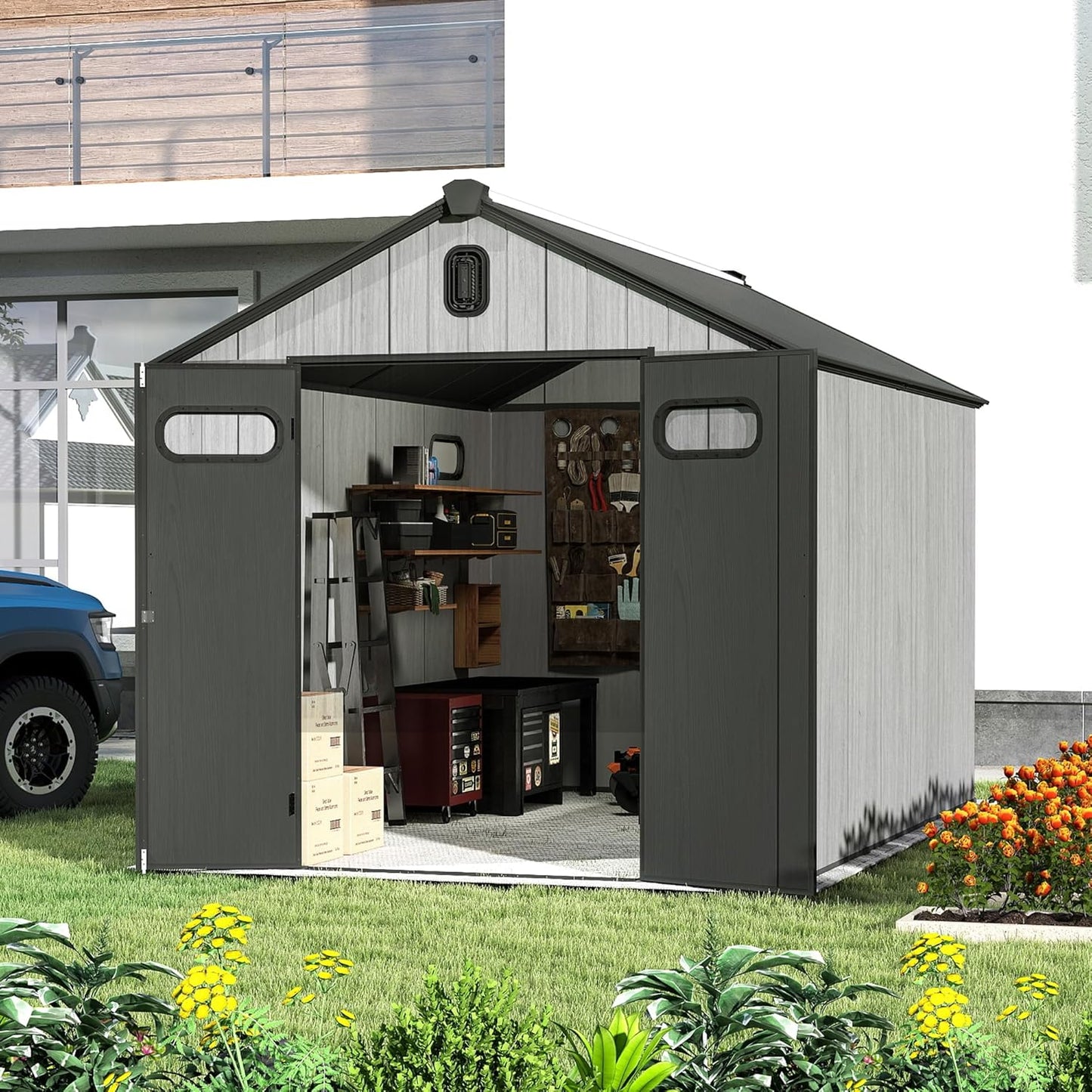 Domi 8x12FT Outdoor Resin Storage Shed with Transparent Windows & Louvered Vents, Plastic Tool Shed with Double Lockable Doors & Gable Roof, Outside Garden Shed for Backyard, Patio, Lawn, Grey
