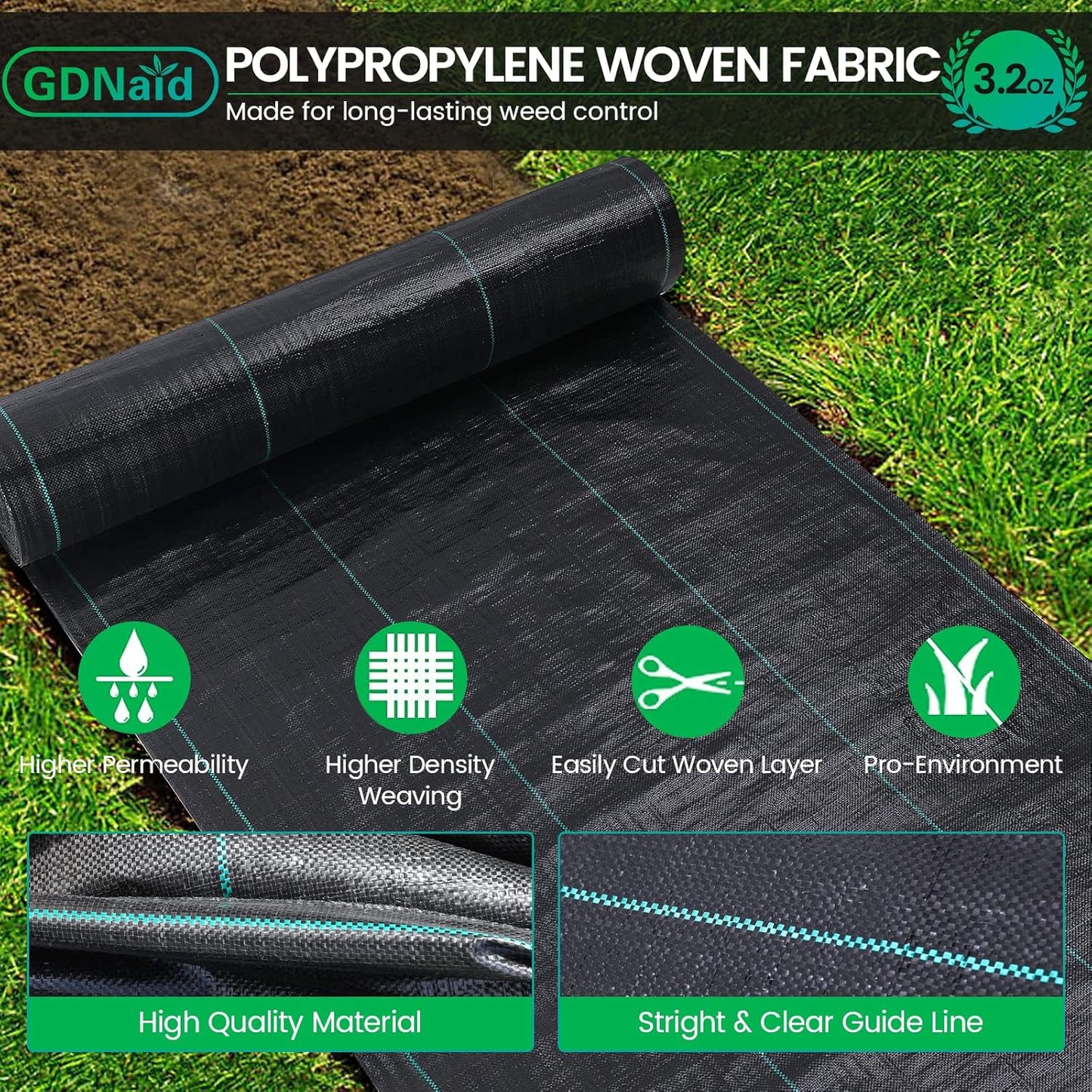 3ftx100ft Weed Barrier Landscape Fabric Heavy Duty, 3.2oz Weed Barrier Fabric, Easy Setup Woven Garden Landscaping Fabric