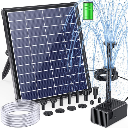 POPOSOAP 6.5W Solar Fountain Pump for Bird Bath Built-in 3000mAh Battery Backup, DIY Solar Water Fountain with Double-Layer Nozzles & Dry-Run Protection 5Ft Tubing for Ponds, Bird Bath, Water Features
