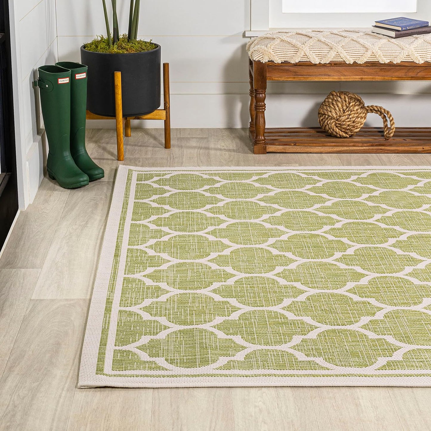 Eyely BMS109G-5 Santa Monica Trebol Moroccan Trellis Textured Weave Indoor/Outdoor Area Rug Coastal;Bohemian, Bedroom, Backyard, Patio, Easy-Cleaning, Non-Shedding, 5 X 8, Green/Cream