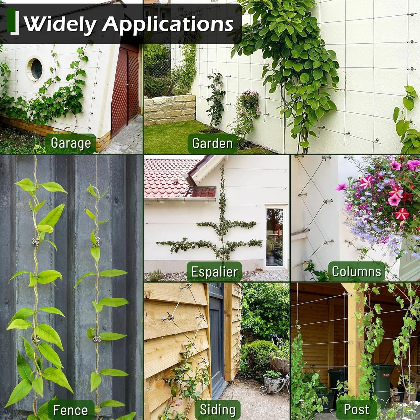 Wire Trellis for Climbing Plants Outdoor, 20-Set Wall Wire Trellis Kit with 5/64"(2mm) x 98ft Stainless Steel Cable, T316 Espalier System for Fence and Garden DIY Projects
