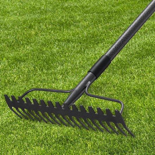 77'' Bow Rake ，17 Tines Metal Head Rakes with Stainless Steel Handle，Heavy Duty Garden Rake for Loosening Soil Gathering Leaf Leveling Lawn Farming Land Management Yarn Thatch Rake