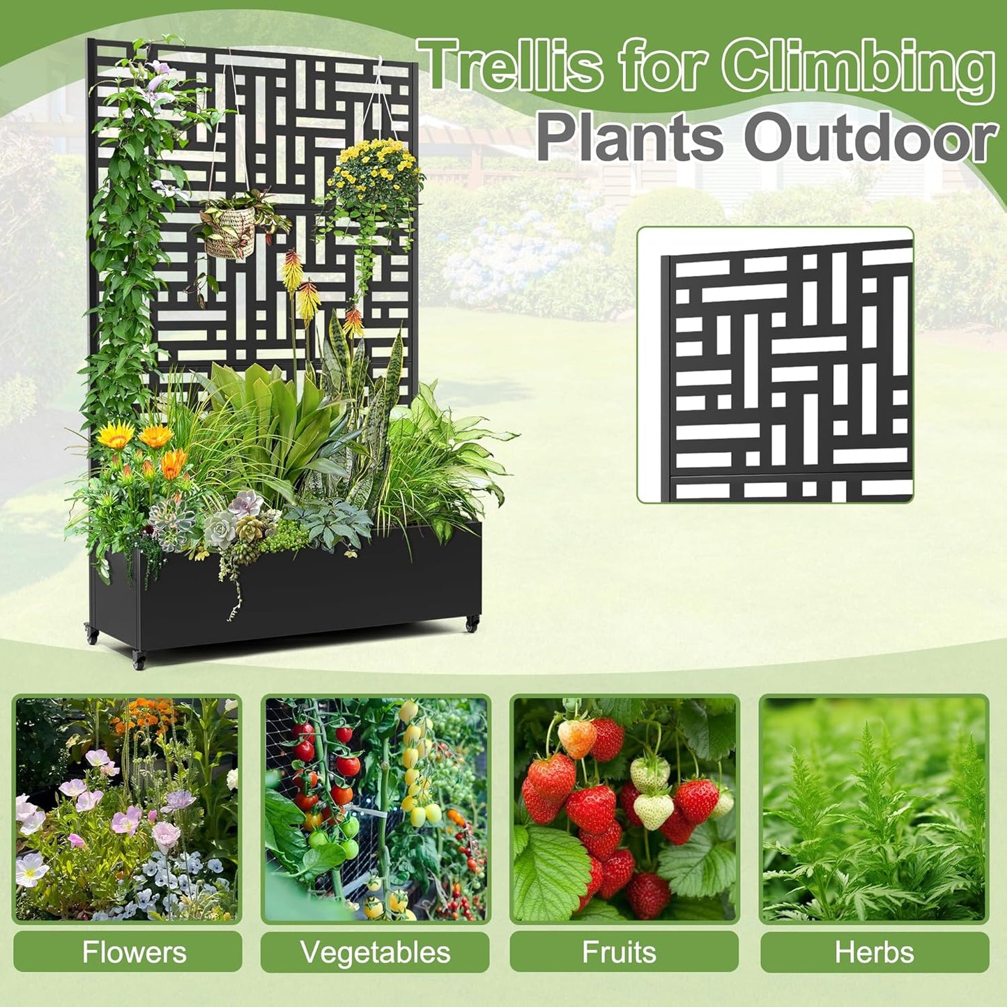 Raised Garden Bed with Trellis and Wheels,73"x47"x16" Metal Raised Garden Bed,Black Modern Metal Planter with Climbing Trellis for Vines & Vegetables