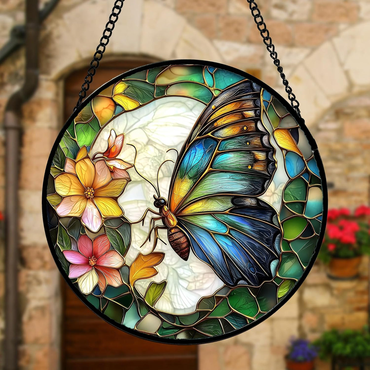 Stained Glass Window Hanging, Butterfly Flower Sun Catchers Diamond Glass Panel Hangings Insect Suncatcher Decor for Birthday for Women, Men, Wife, Aunt, and Mom 7.8 in